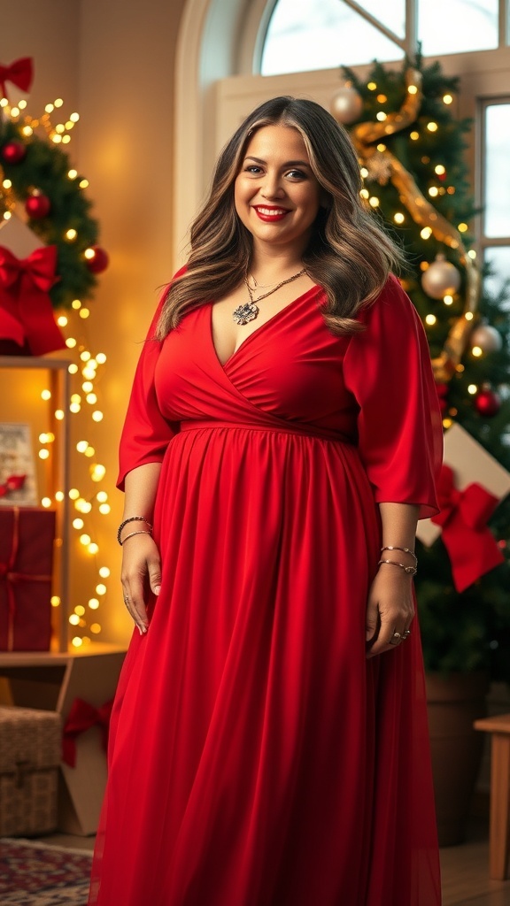 Festive Christmas Outfit Ideas for XL Women An XL woman in a red maxi dress, accessorized for Christmas, in a festive setting with holiday decorations.
